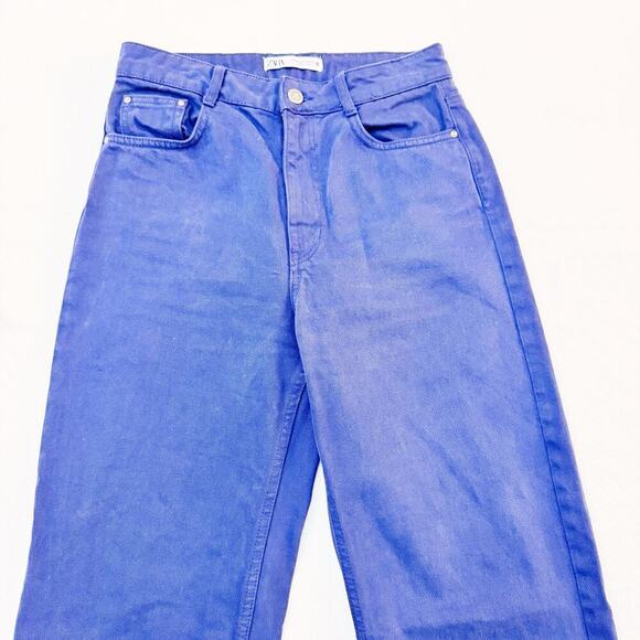 Zara Wide Leg Zip Flky Denim Dyed High Rise Jeans Blue Size 06 - Picture 4 of 9